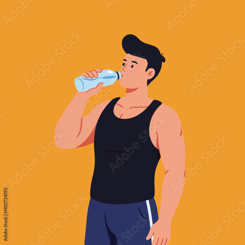 Young man drinking water in a minimal flat design vector illustration
