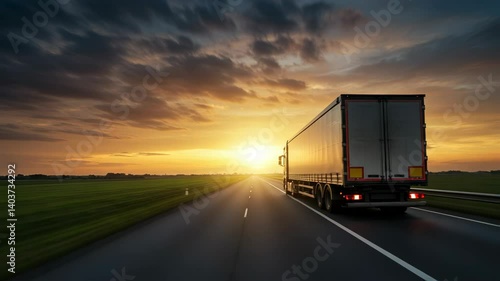 Majestic sunset journey of a truck on open highway captured in motion