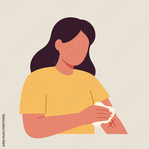 Person applying bandage to arm in flat minimal vector illustration