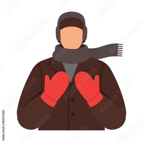 Person wearing winter clothing with red mittens in flat vector art