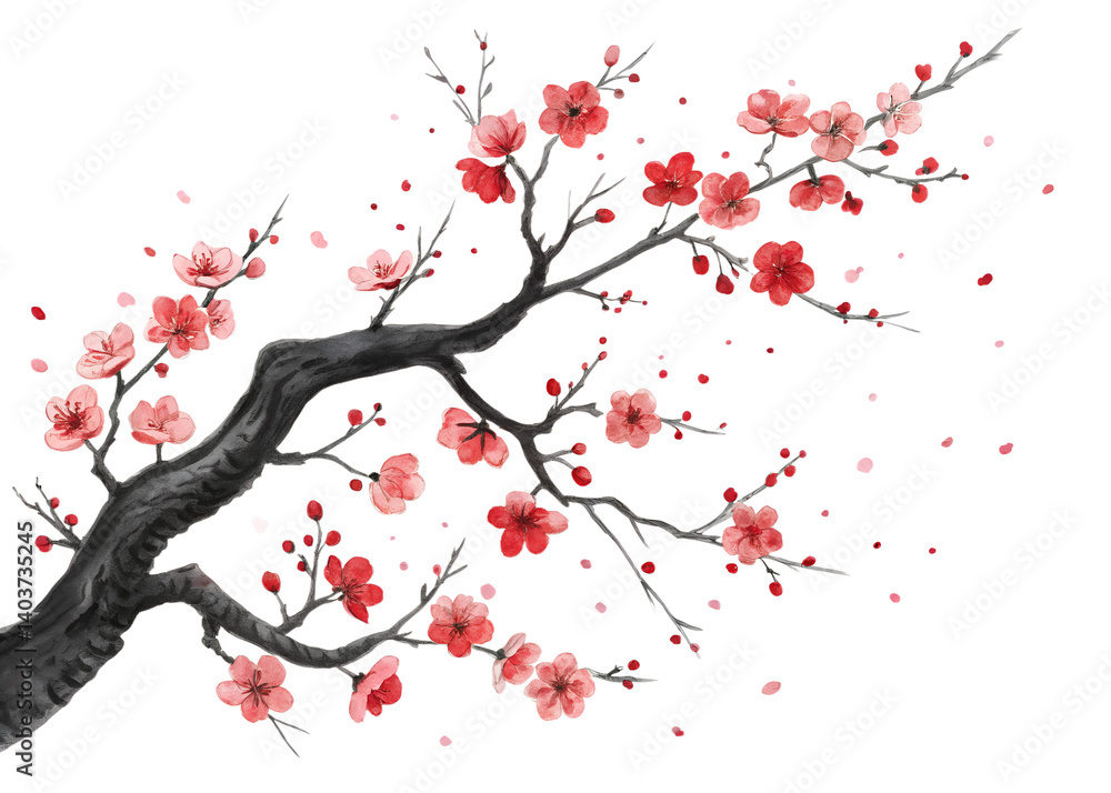Fototapeta premium Vibrant Twisted Branch with Pink & Red Flowers Transparent PNG – Isolated on White Background for Creative Design