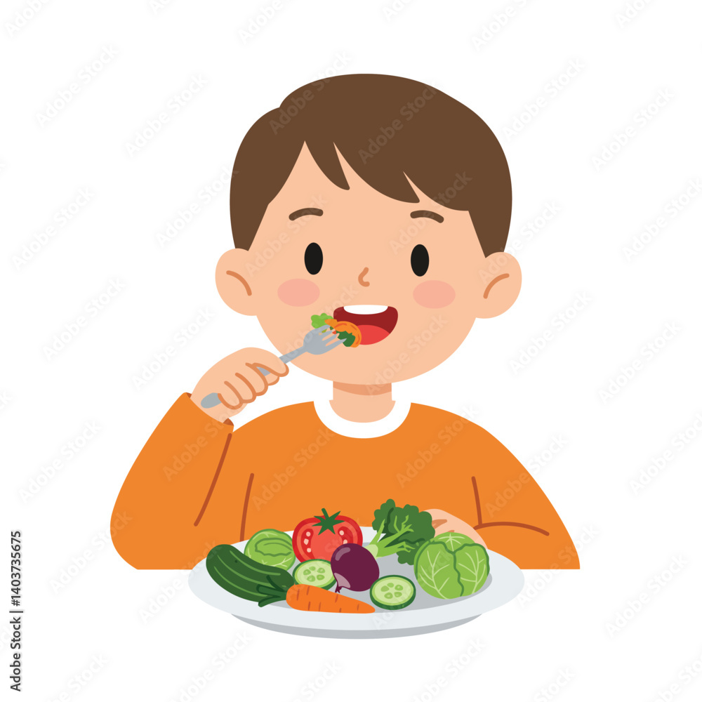 Happy child enjoying a healthy meal with vegetables in a flat vector illustration Happy child enjoying a healthy meal with vegetables in a flat vector illustration