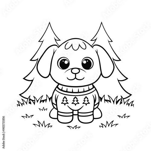 Christmas Dog in Sweater with Tree and Grass  