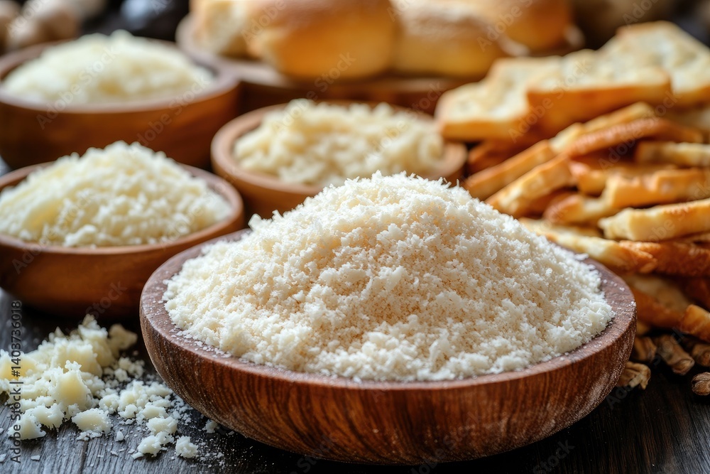 Breadcrumbs and Grated Cheese in Wooden Bowls Breadcrumbs and Grated Cheese in Wooden Bowls