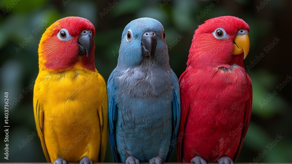 Obraz premium Three colorful parrots are standing next to each other