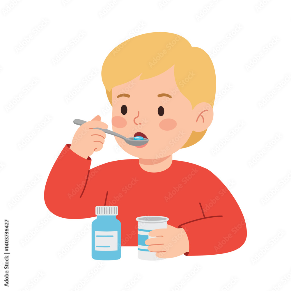 Child taking medicine with spoon in flat vector illustration style Child taking medicine with spoon in flat vector illustration style