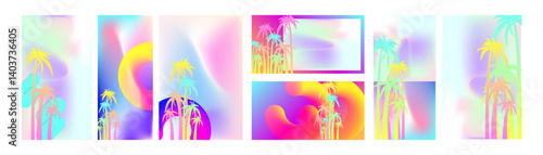 Set Bright palm trees summer backgrounds colorful 3d holiday vector illustration. Comfortable background graphic design poster flyer leaflet party