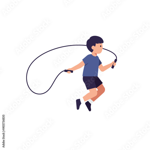 Boy jumping rope in playful motion, flat design style, colorful vector illustration