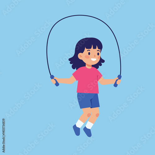 Girl jumping rope in vibrant colors, flat style, cheerful vector illustration