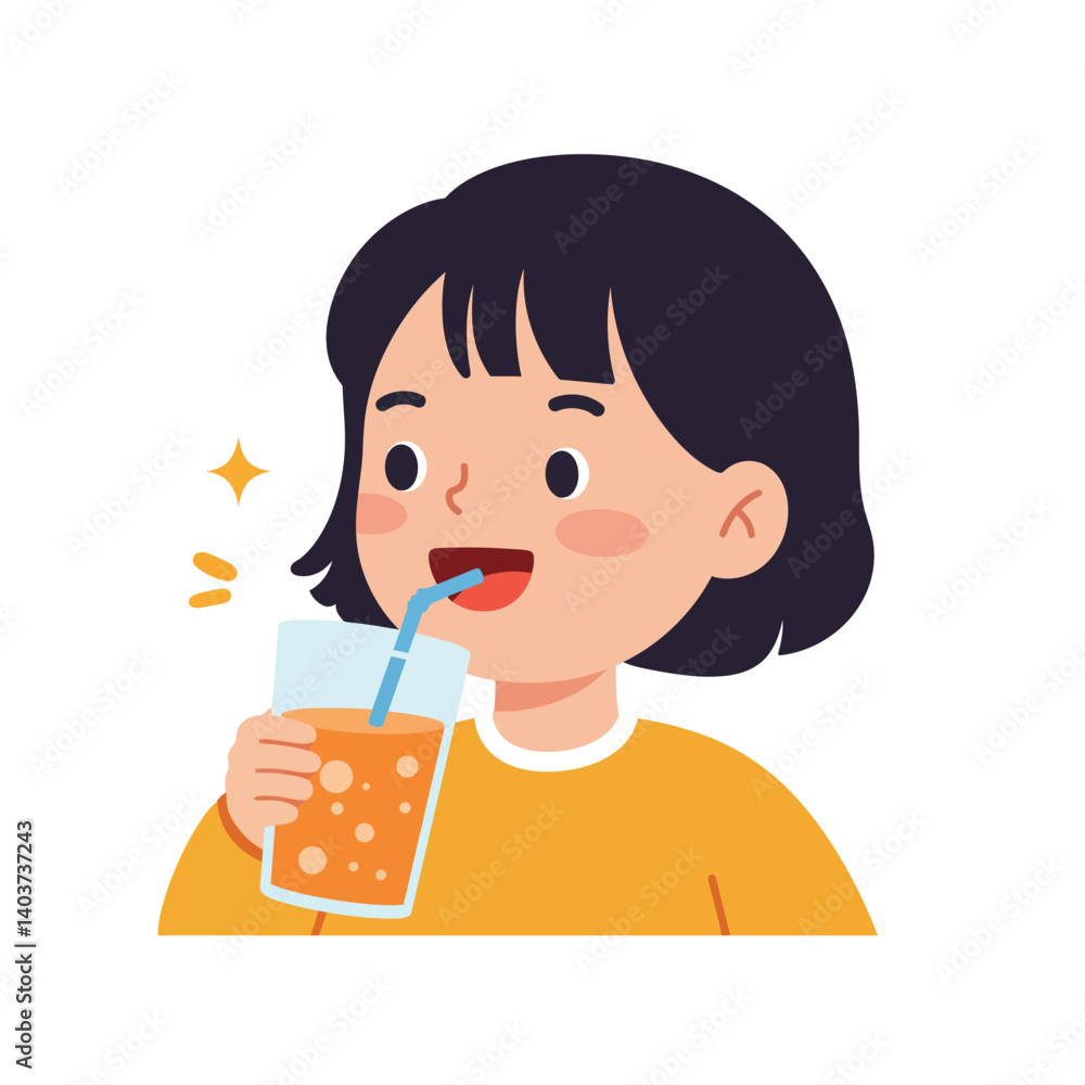 Happy girl enjoying a refreshing drink in flat vector art style vector illustration Happy girl enjoying a refreshing drink in flat vector art style vector illustration