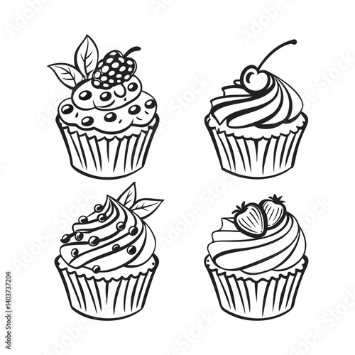 Cute Cupcake Icon Set – Black & White Dessert Illustrations