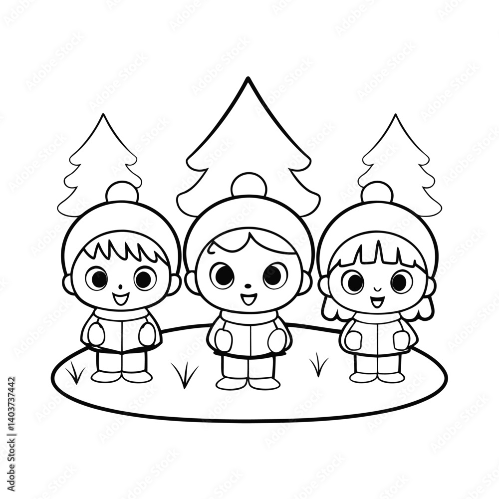 Fototapeta premium Caroling Kids with Christmas Tree and Grass