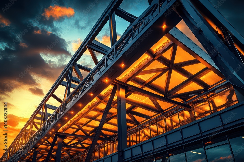 A modern fulfillment center with bold angular architecture towering steel beams warm industrial that highlights the structures intricate design photographed A modern fulfillment center with bold angular architecture towering steel beams warm industrial that highlights the structures intricate design photographed