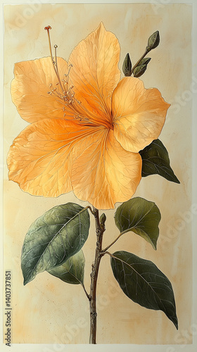 Botanical painting of vibrant hibiscus flower with detailed natural beauty