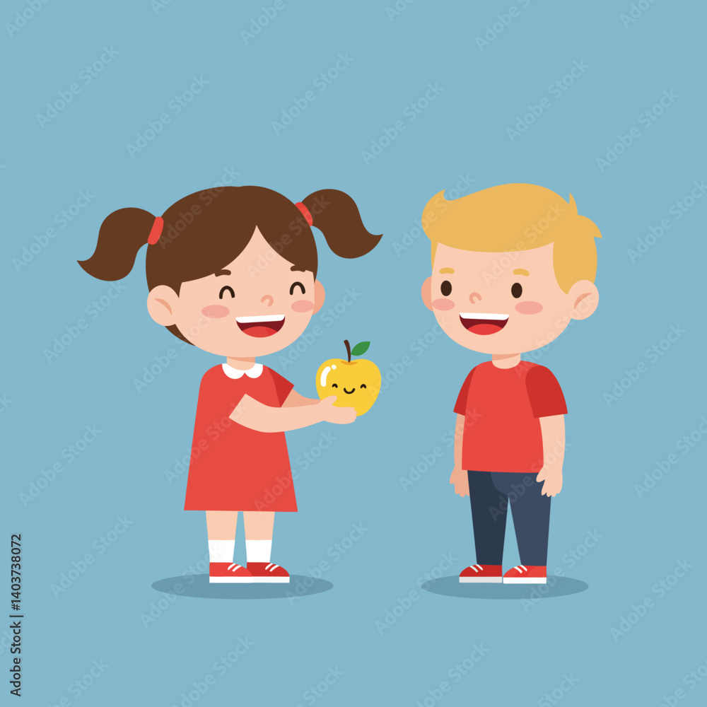 Happy children sharing a cute apple in flat vector illustration Happy children sharing a cute apple in flat vector illustration