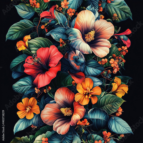 Wallpaper Mural Floral creativity in a vibrant design featuring hibiscus, violets, and tropical leaves on a dark background Torontodigital.ca