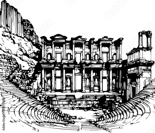 Ancient theater ruins in detailed sketch style  