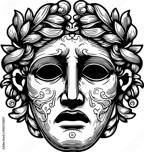 Ancient Greek mask illustration in black and white style  