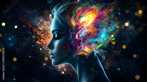Elegant Woman Silhouette With Vibrant Cosmic Explosion Of Colors Over Dark Background