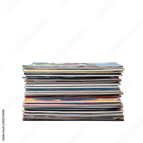 Old magazines stacked neatly on a red table against a Transparent background, stack old magazines on a red table,