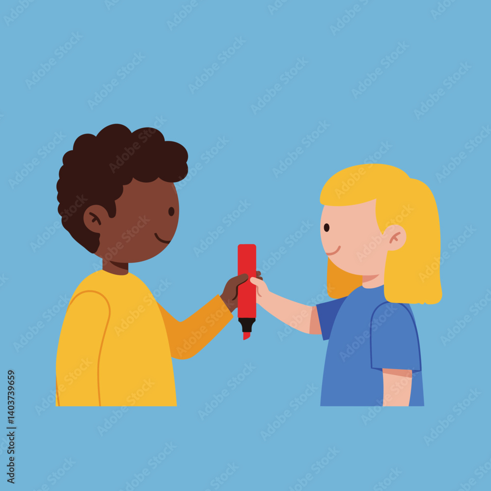 Children sharing a red marker in flat design vector art Children sharing a red marker in flat design vector art