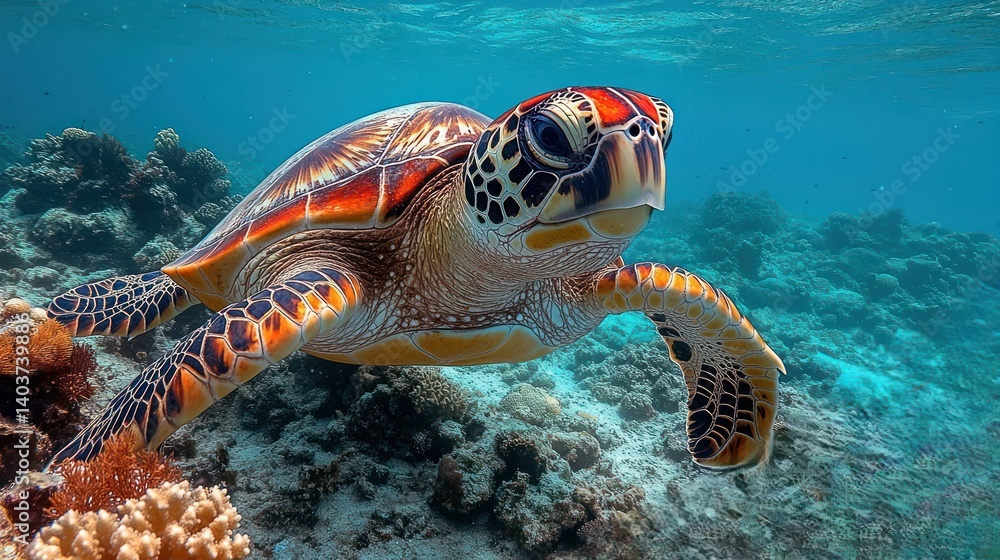 Fototapeta premium Vibrant Hawksbill sea turtle swimming in a coral reef.