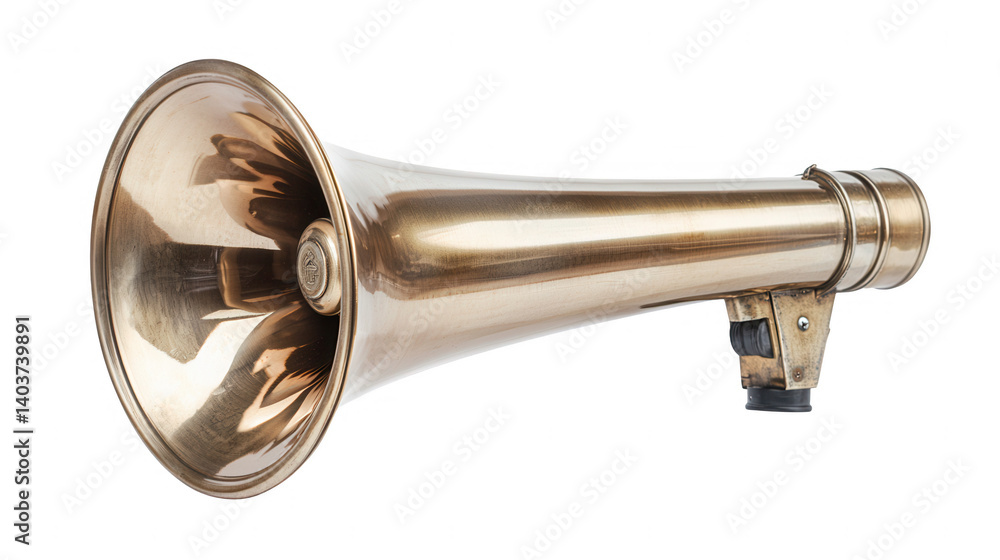 Antique brass megaphone against a dark backdrop, communication artifact Antique brass megaphone against a dark backdrop, communication artifact