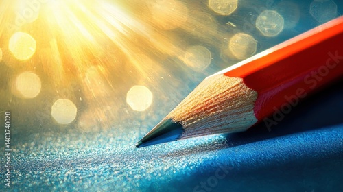 A close-up shot reveals a red pencil poised on textured blue paper with a radiant sunburst background.