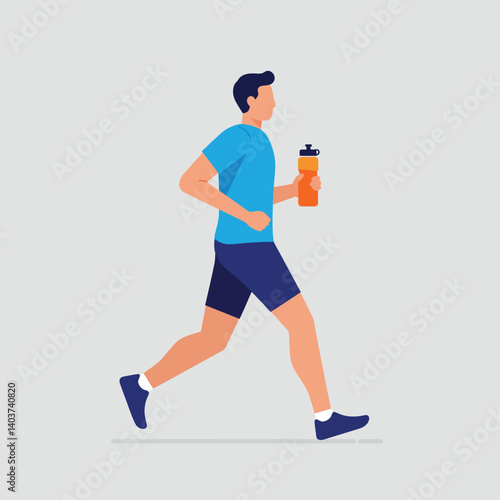 Active man jogging with water bottle in flat style vector art