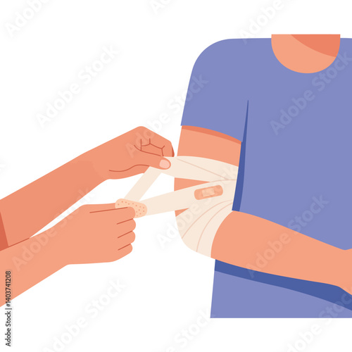 Person receiving first aid with bandages in flat vector illustration