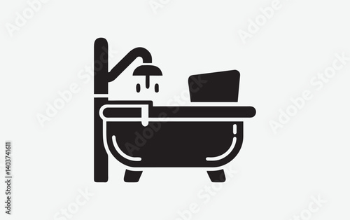 "Flat Bathtub with Shower Head Silhouette – Clean Vector Design"


