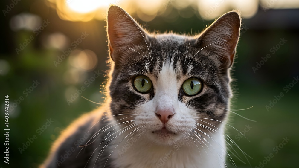 A close-up of Moza, a charming cat with green eyes, surrounded by lush greenery and bathed in soft daylight. A close-up of Moza, a charming cat with green eyes, surrounded by lush greenery and bathed in soft daylight.