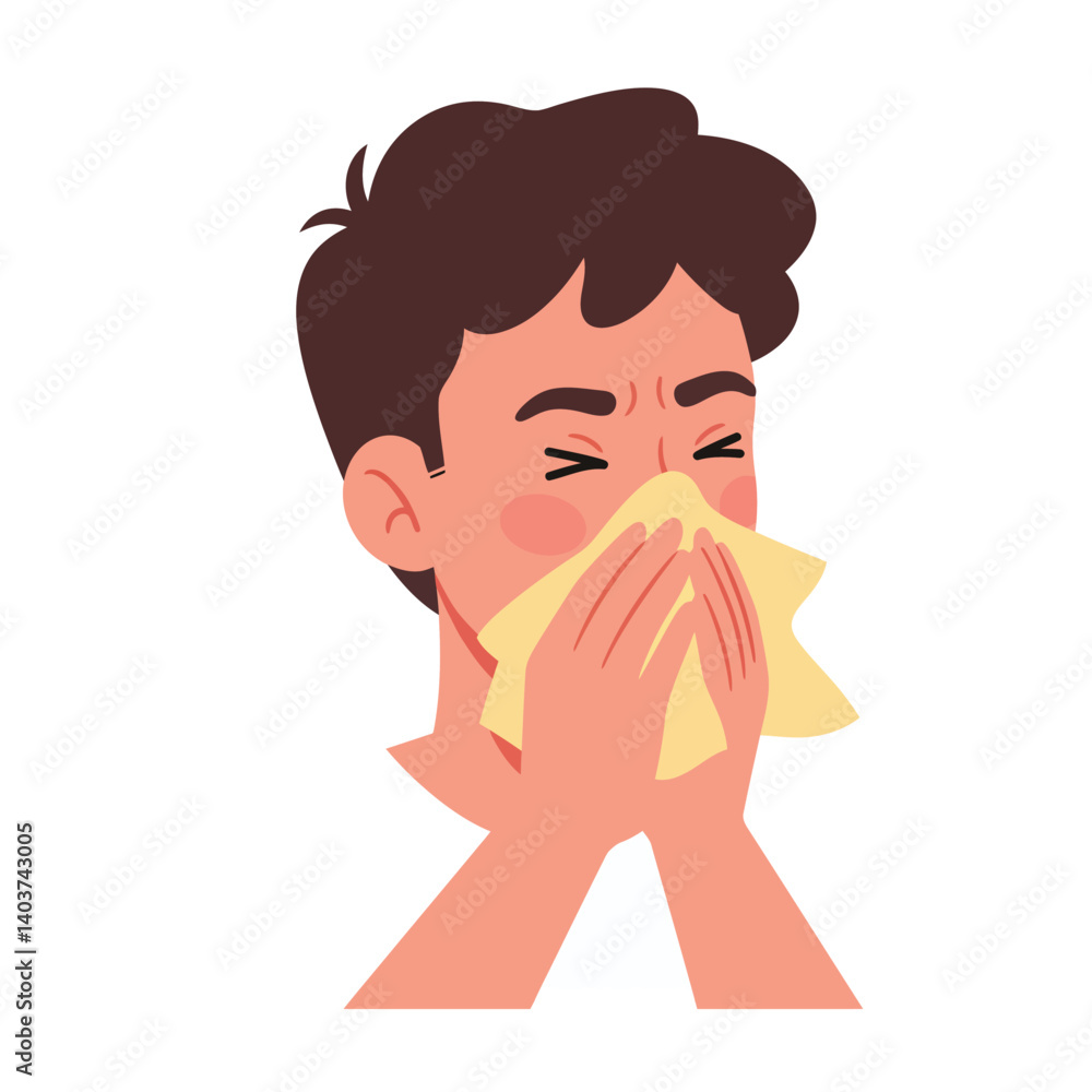 Young man sneezing with tissue in hand, flat vector art style, cheerful expression, vector illustration Young man sneezing with tissue in hand, flat vector art style, cheerful expression, vector illustration