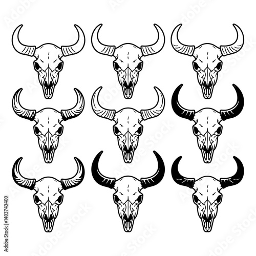Buffalo skull, cow head bone with horns set vector illustration.