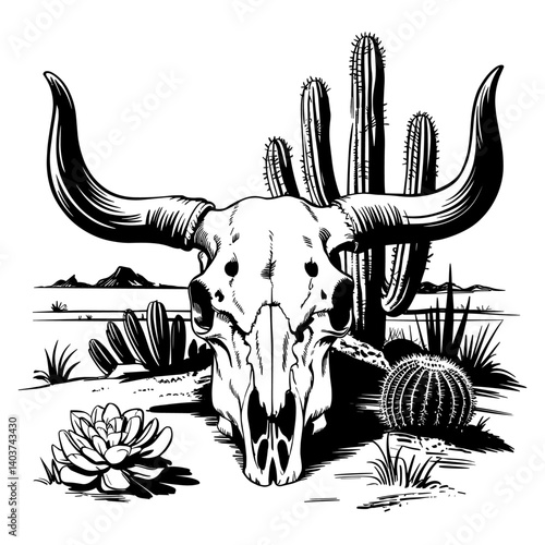 Buffalo skull, cow head bone with horns vector illustration
