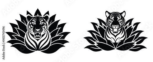 Half tiger, half human face merged in a yin-yang silhouette composition, symbolizing duality of strength and softness