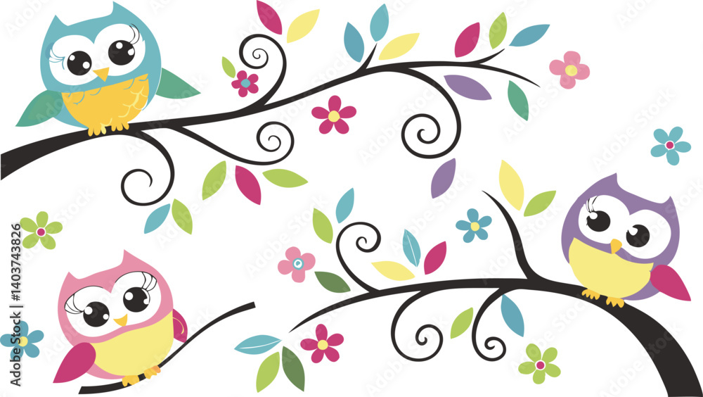 Obraz premium Cute Cartoon Owls on Tree Branches – Colorful Vector Illustration Set