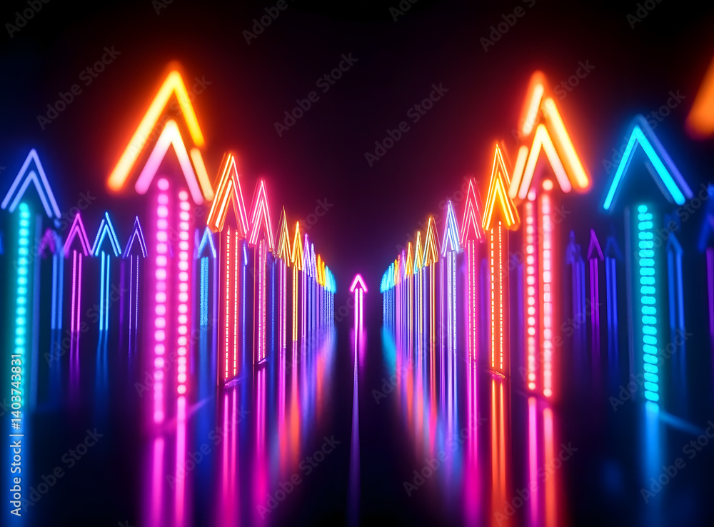 Neon arrows pointing upwards illuminate a dark backdrop. Bright, vibrant lights radiate from the arrows, conveying direction and forward motion. Neon arrows pointing upwards illuminate a dark backdrop. Bright, vibrant lights radiate from the arrows, conveying direction and forward motion.