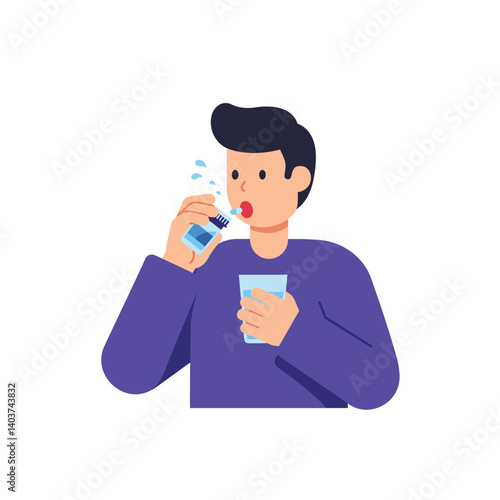 Young man using mouthwash while holding a glass of water in flat vector art