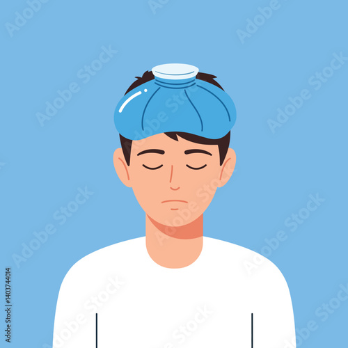 Young man with hot water bottle on head in flat vector art style