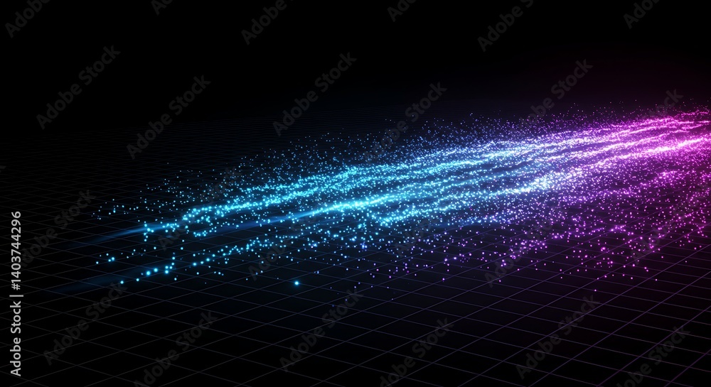 Abstract Glowing Particles Stream on Dark Grid Background Abstract Glowing Particles Stream on Dark Grid Background