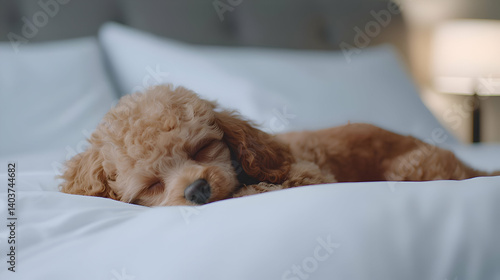 Adorable Brown Poodle Puppy Sleeping Peacefully on a White Bed