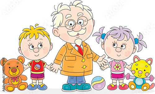 Happy grandpa and his little grandchildren with their toys going to walk in a park, vector cartoon illustration on a white background