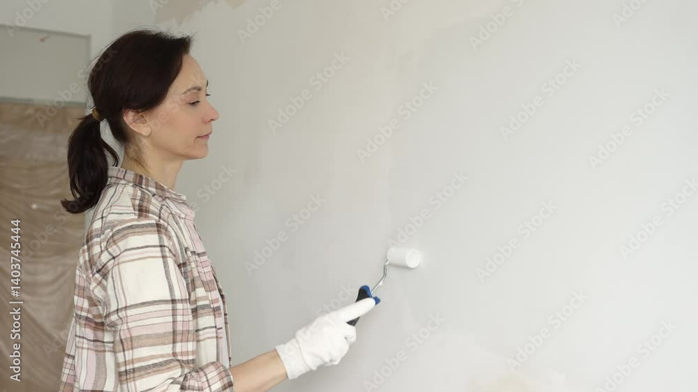 Woman wearing protective gloves painting white wall with small blue roller, updating interior and giving room clean, modern look during home renovation project Woman wearing protective gloves painting white wall with small blue roller, updating interior and giving room clean, modern look during home renovation project