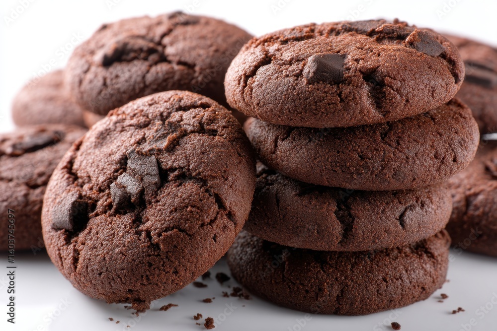 Delectable chocolate chip cookies stacked high on a white surface inviting indulgence and sweet temptation capturing a delicious treat with rich flavor Delectable chocolate chip cookies stacked high on a white surface inviting indulgence and sweet temptation capturing a delicious treat with rich flavor