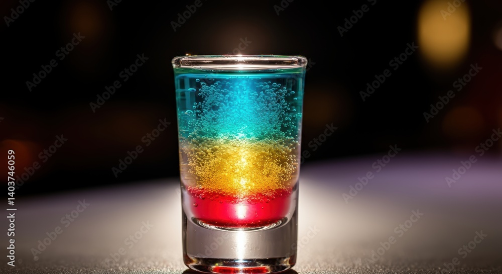 Colorful layered cocktail shot with bubbles on bar counter Colorful layered cocktail shot with bubbles on bar counter