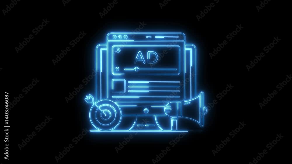 Glowing neon ad-campaign icon 4k isolated on black background. HD Video motion graphic animation Glowing neon ad-campaign icon 4k isolated on black background. HD Video motion graphic animation