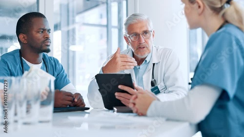 Wallpaper Mural Medical, feedback or doctors in discussion with tablet, planning or health treatment results in hospital. Nurses, teamwork or people in meeting for healthcare, clinic schedule and diagnosis research Torontodigital.ca