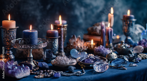 Sacred candles and crystals illuminating a mystical table setting  