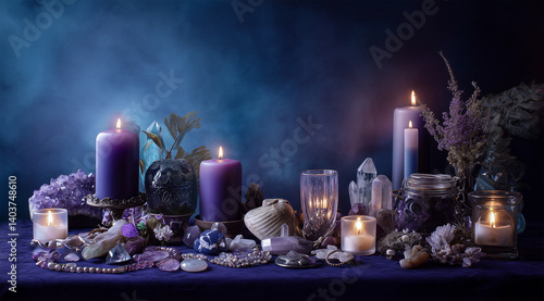 Mystical Candle Display with Crystals and Flowers on a Dark Background  
